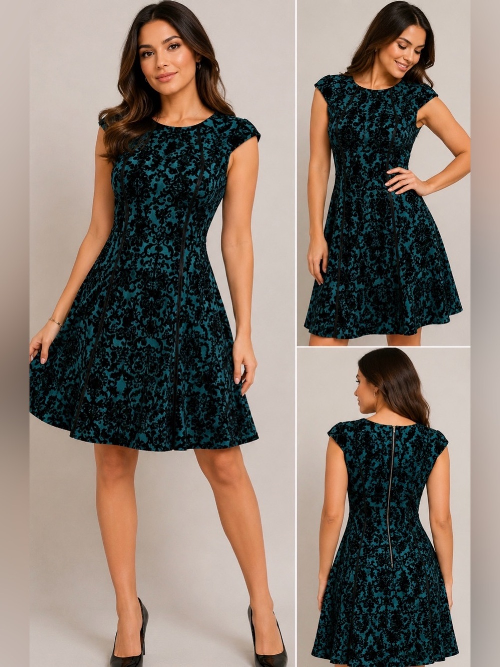 Danny & Nicole Teal Black Velvet Burnout Fit & Flare Dress Size 6